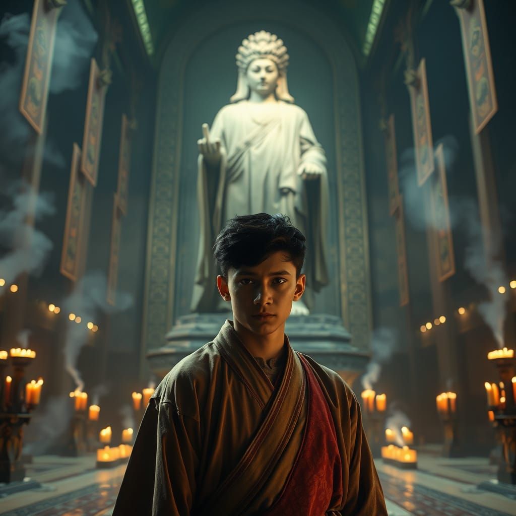 Solemn Man Before Statue in Grand Chamber