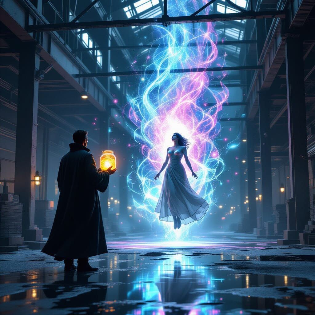 Surreal Scene with Levitating Figure and Glowing Jar