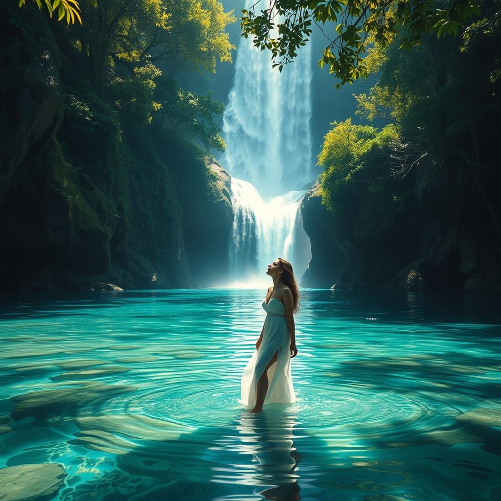 Graceful Woman in Jungle Lake, Alphonse Mucha Style