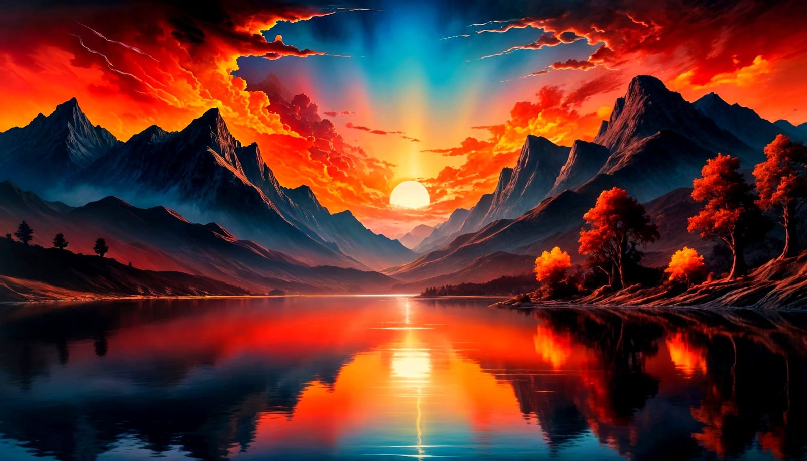 Fiery Sunset Reflected in Still Waters: Sfumato Style