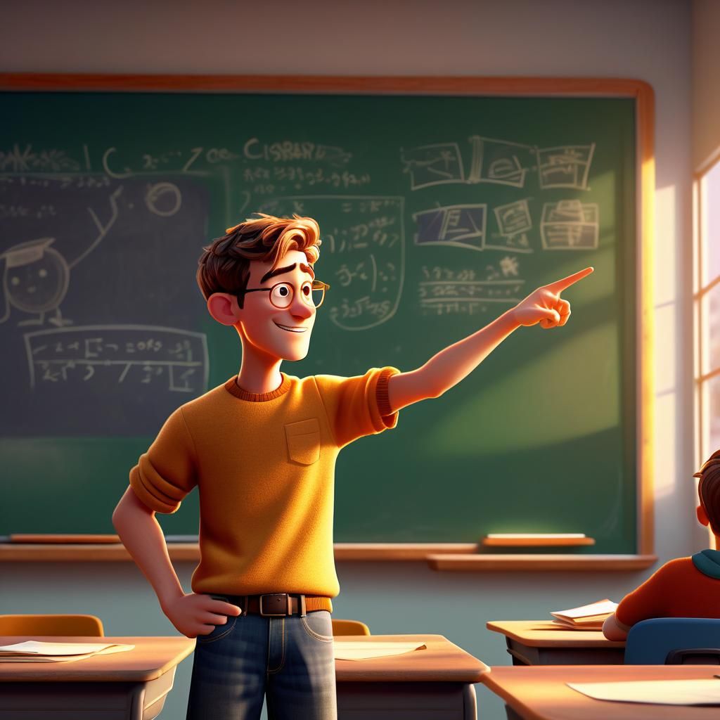 Pixar Style Student Points at Blackboard