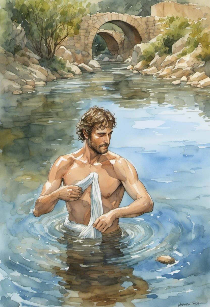 Man Bathes in River in Ancient Israel Illustration