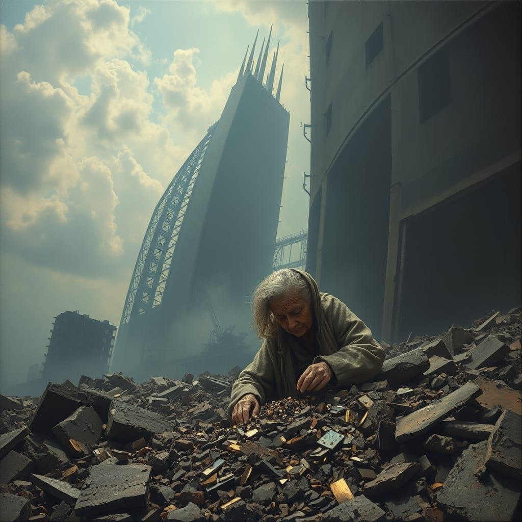 An old woman picking up precious metals for a moment in the ...