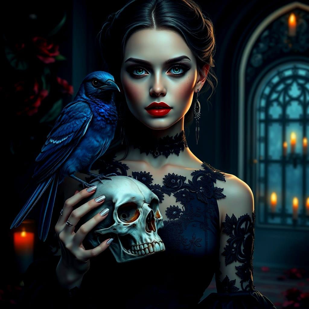 Gothic Model with Bluejay and Skull, Dark Ambiance