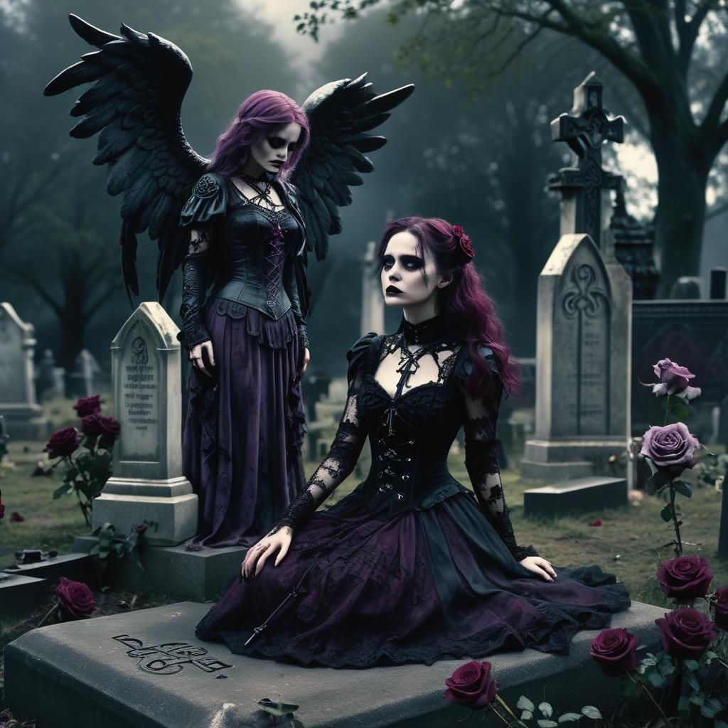 Gothic Woman in Cemetery with Angel Statue