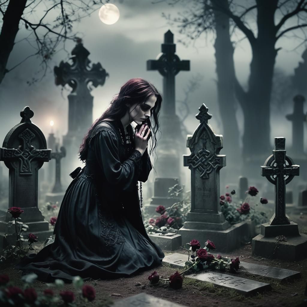 Gothic Woman in Cemetery with Celtic Crosses
