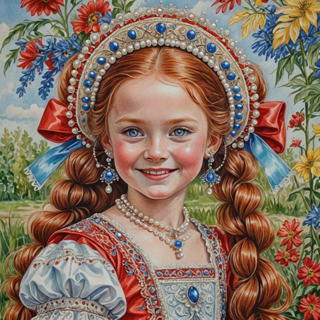 Russian Girl in Traditional Costume, Colored Pencil Drawing
