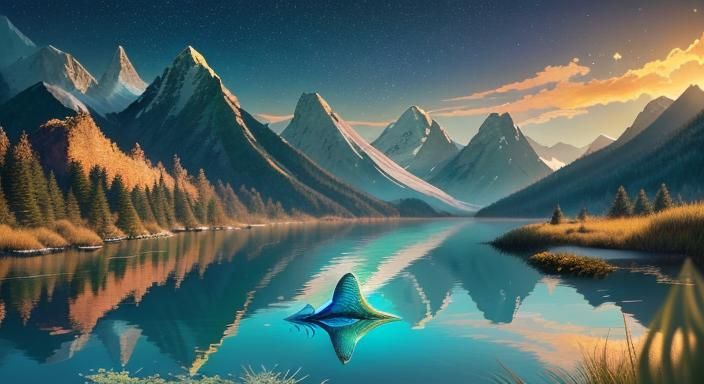 Emerald Mermaid in Mountain Lake at Golden Hour