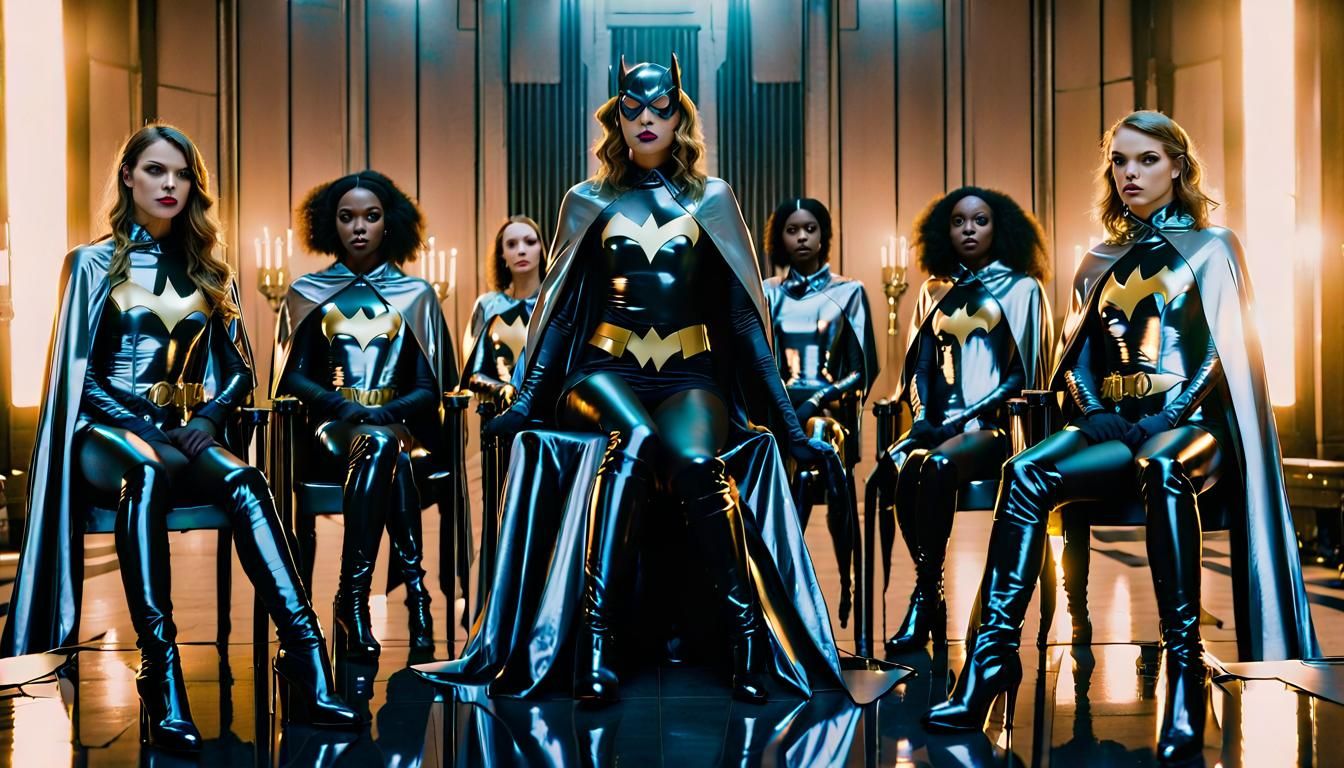 Batgirl in Latex on Throne: Cinematic Film Still