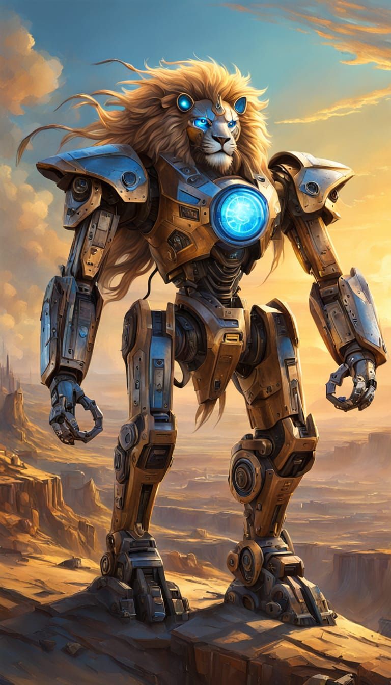 Golden Mecha-Lion Sentinel Roars in the Desert Sunset