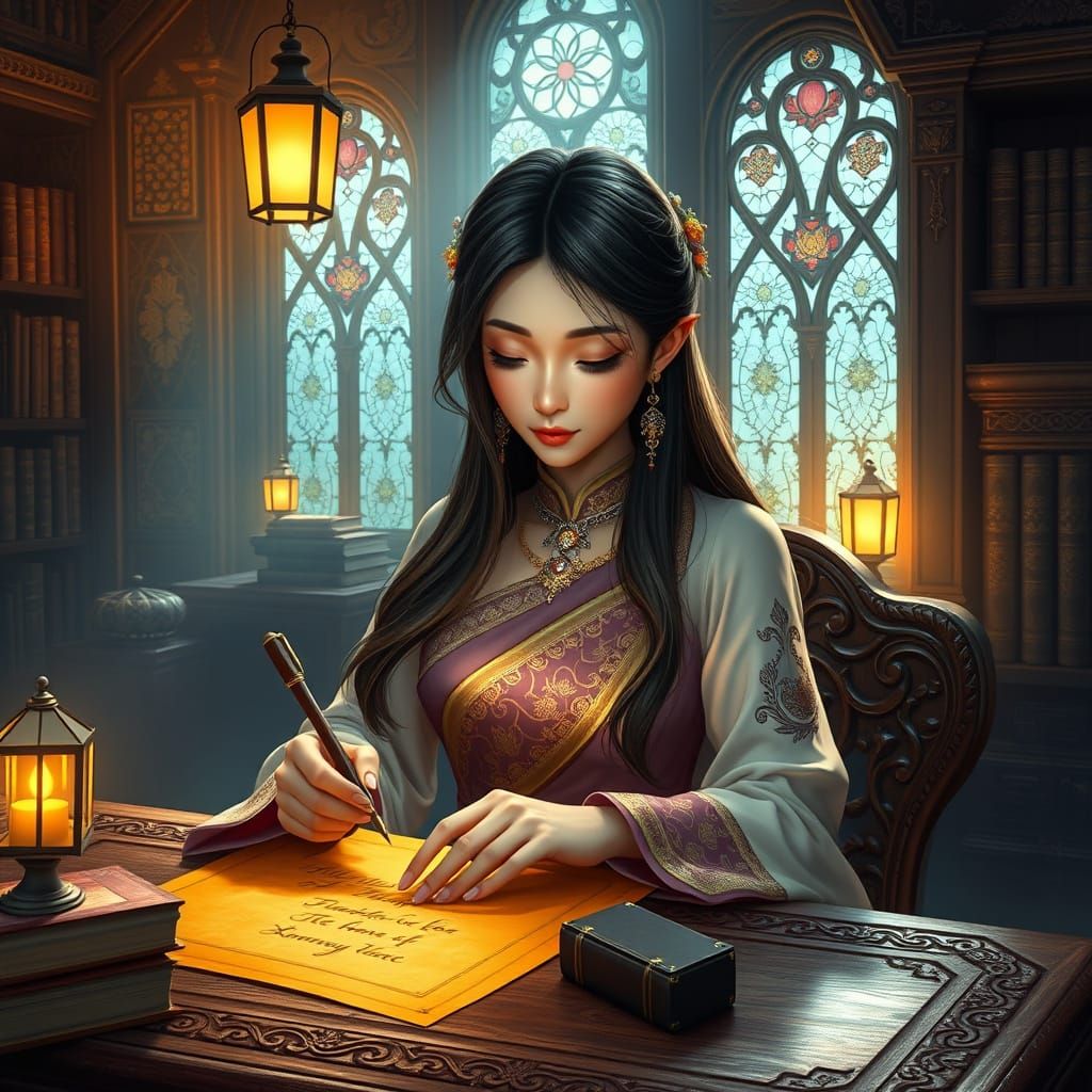 Enchanting Thai Goddess in a Whimsical Library
