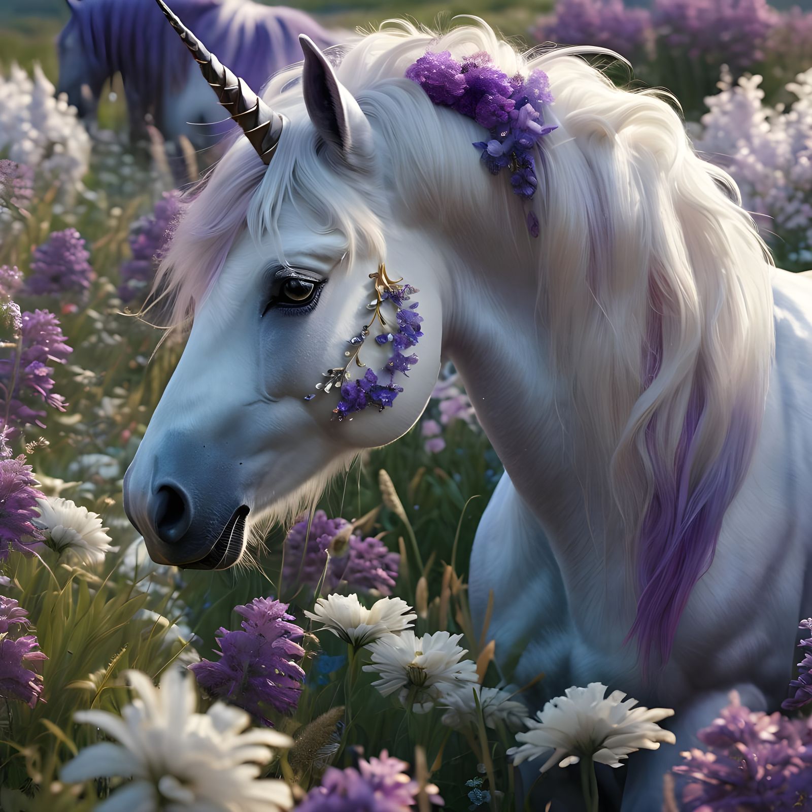 Realistic Blue Unicorn in a Lush Green Meadow