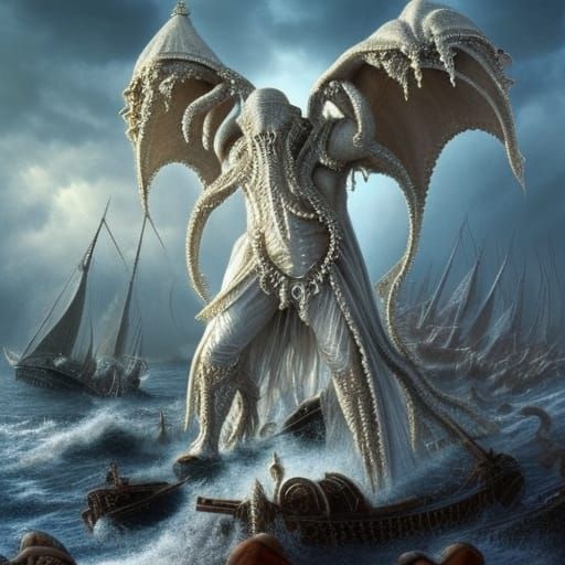 Dramatic White Cthulhu Attacks Harbor in Daylight