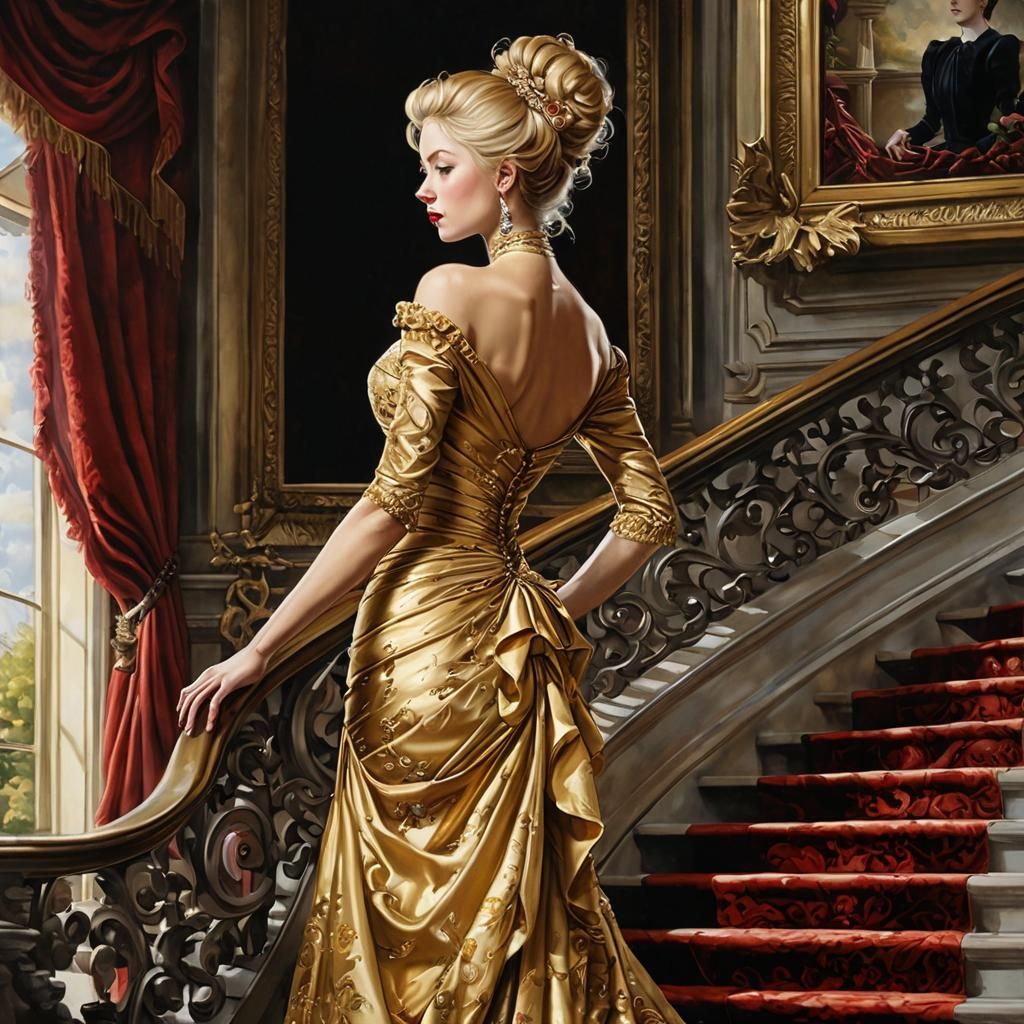 Victorian Woman in Gold Dress Oil Painting