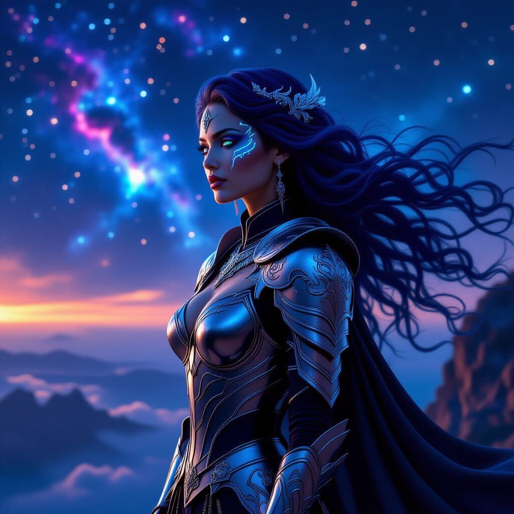 Regal Woman in Silver Armor Overlooking Cosmic Nebula