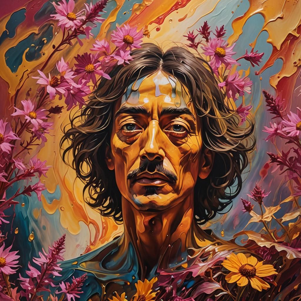 Surrealist Figure Emerges from Melting Floral Dreamscape