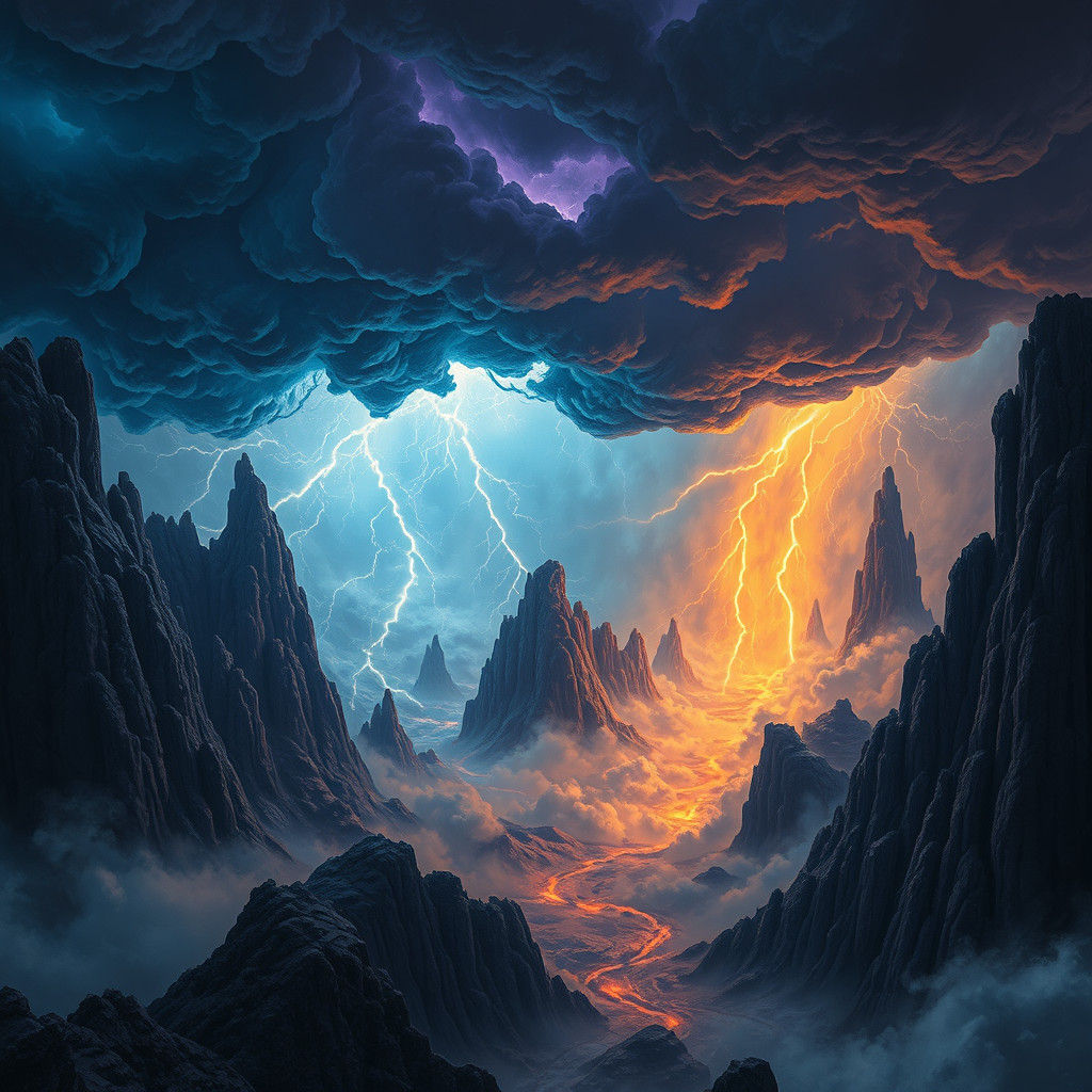 Mystical Thunderstorm Over Ancient Lands in Fantasy Style