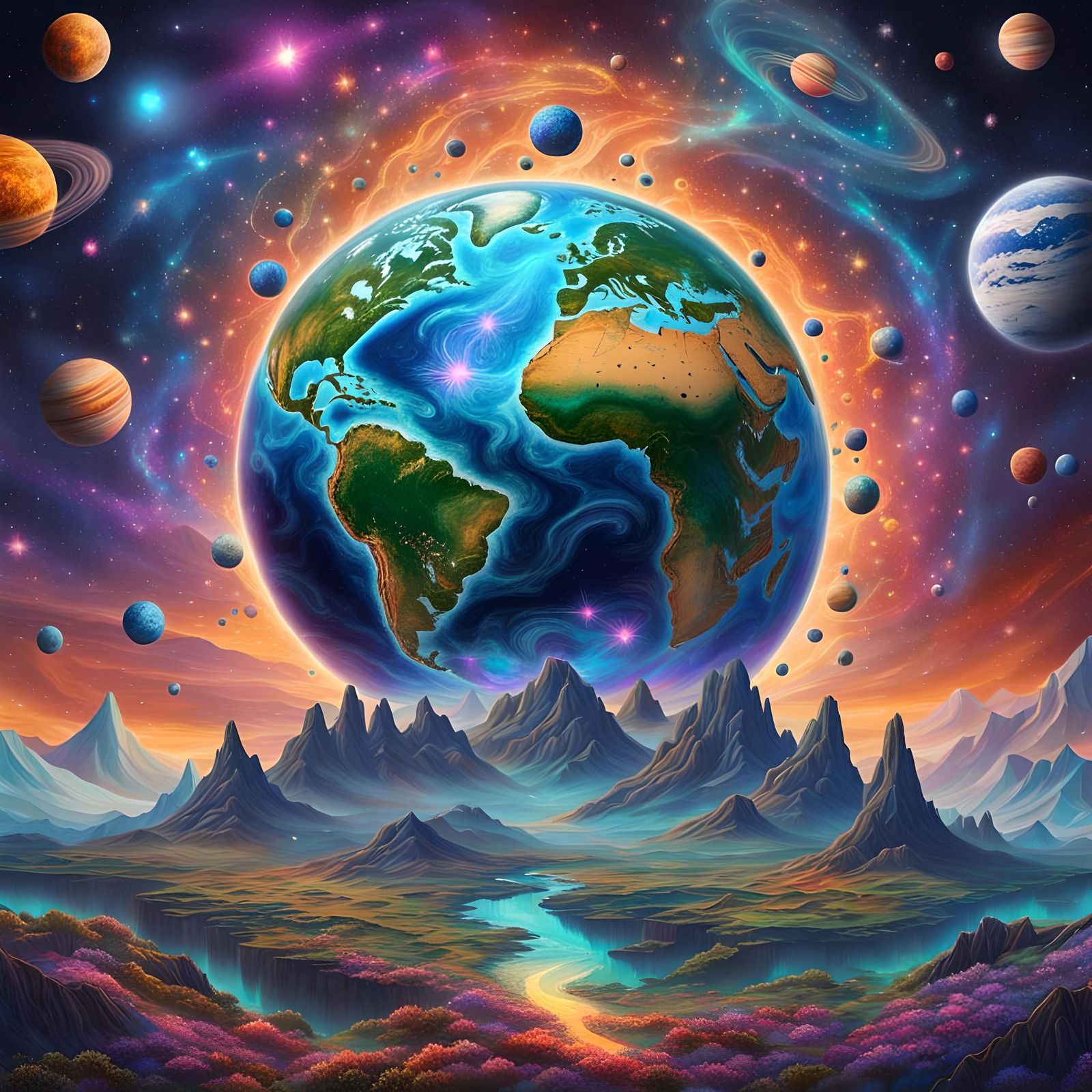 Cosmic Holographic Earth Illustration in Mixed Media