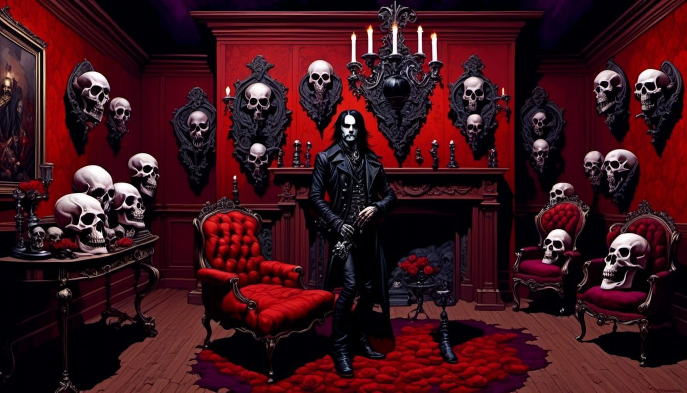 vampire hunter with vampire skull trophies