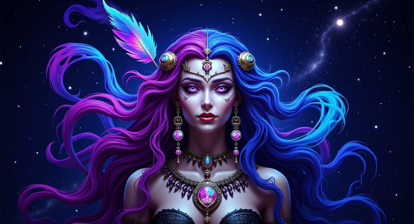 Cosmic Shamaness with Smoke Hair Amidst Stars