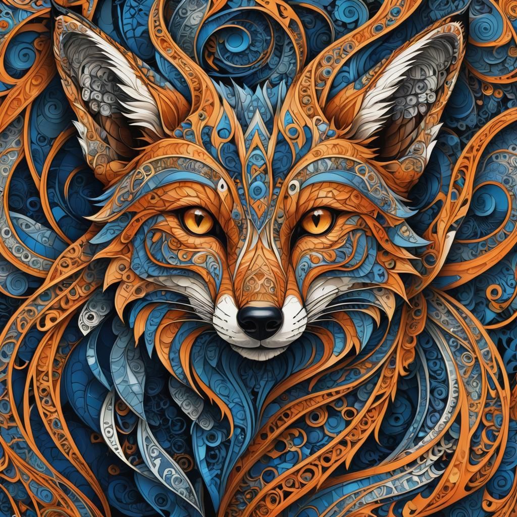 Abstract Fractal Fox Head in Geometric Style