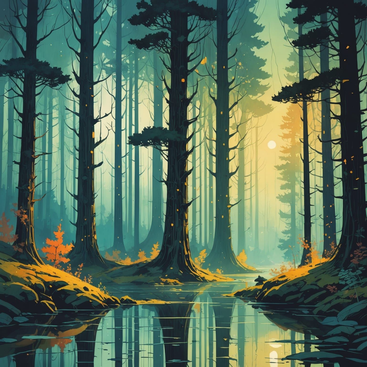 Enchanted Forest with Floating Lights, Rackham Style