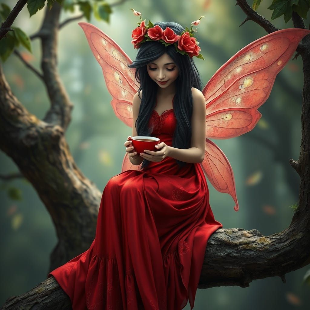 Fairy Sits Serenely on Tree Branch in Enchanted Forest