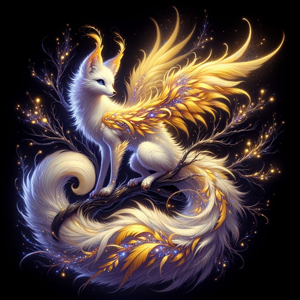 Ethereal Fox-Phoenix Hybrid on a Mystical Black Branch