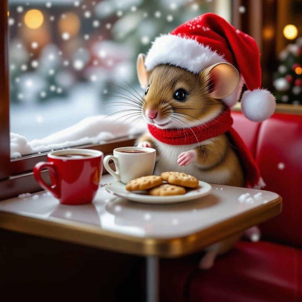 A whimsical scene of a tiny mouse wearing a Santa hat, sitti...