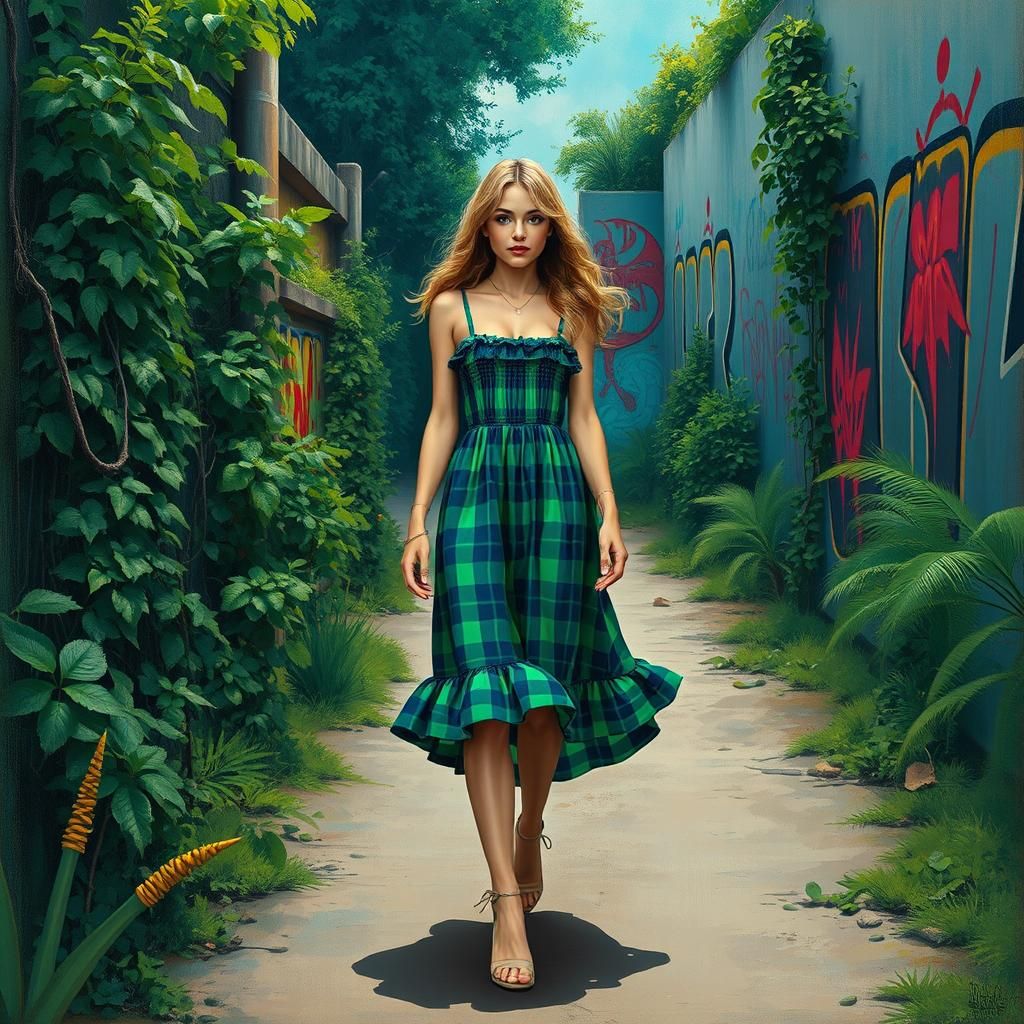 Woman in Plaid Dress: Street Art Masterpiece