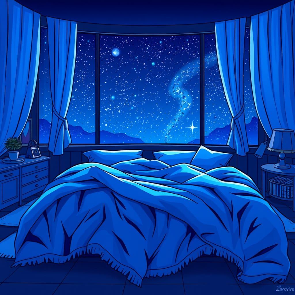 Magical Blue Bedroom with Giant Bed and Starry Night Sky