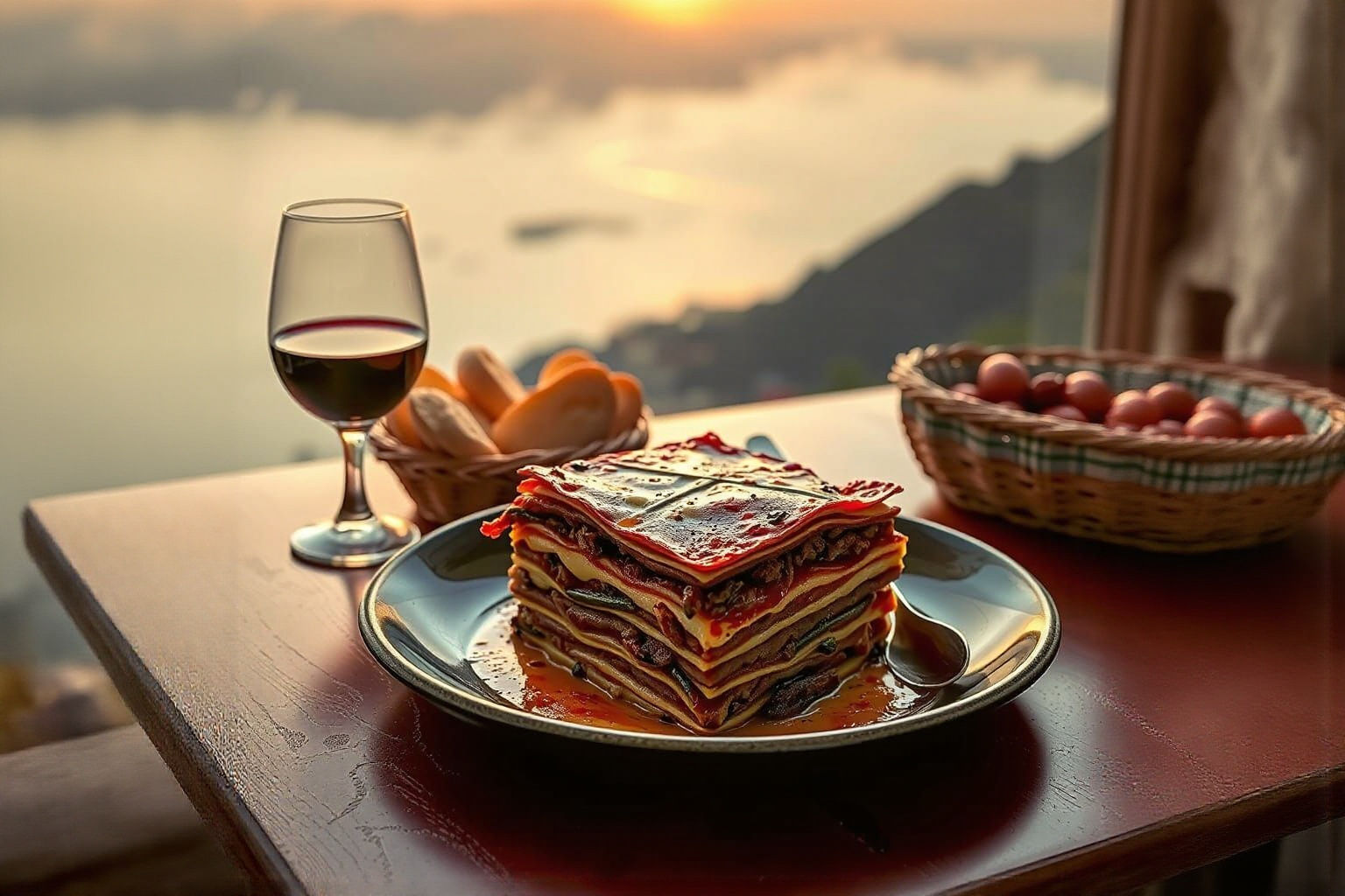 Meaty Lasagna Plate with Red Wine and Bread, Amalfi Coast