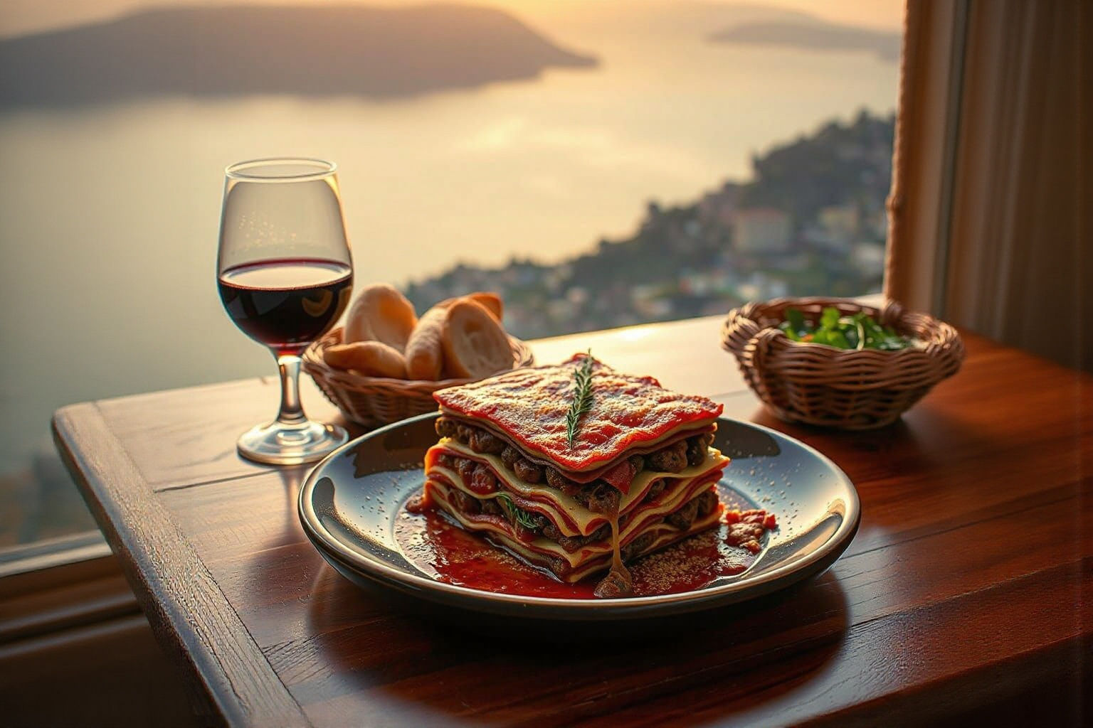 Meaty Lasagna with Red Wine and Bread on Amalfi Coast Table