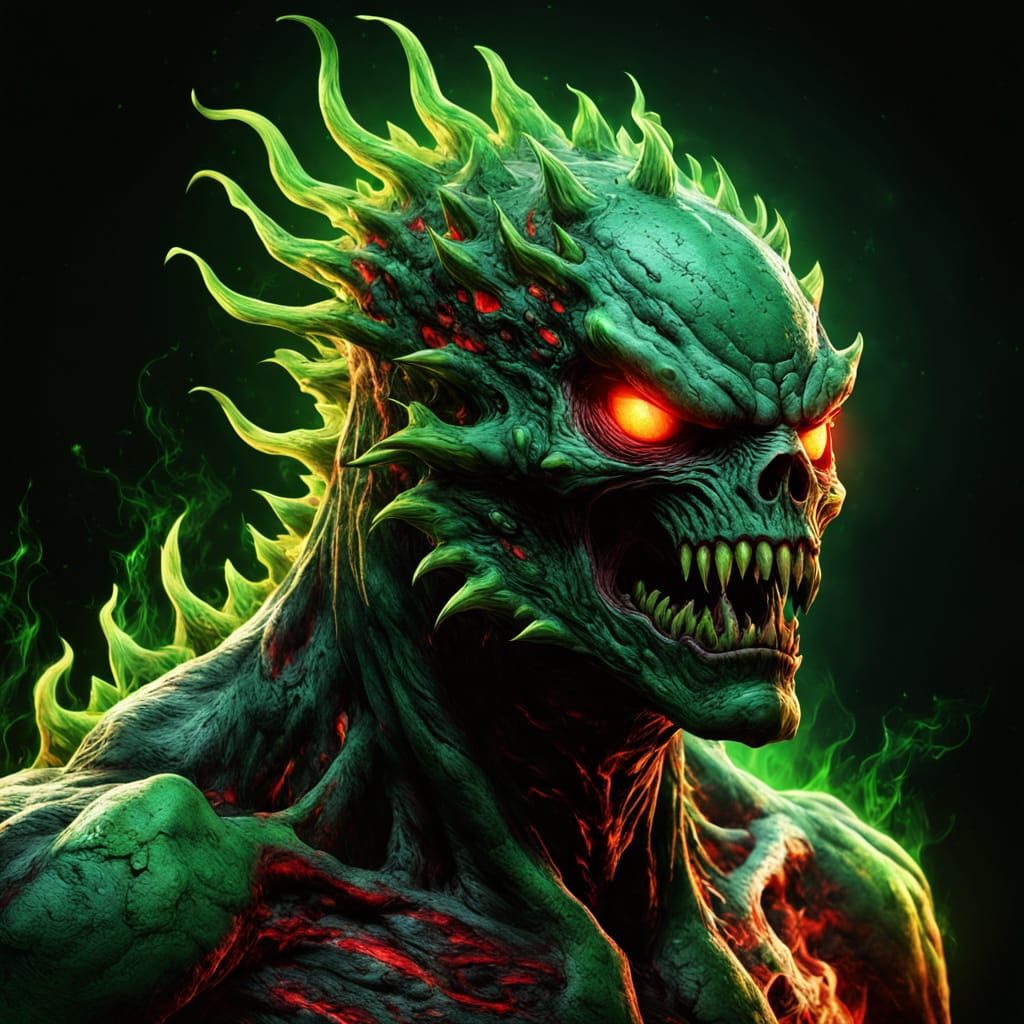 Surreal Dark Fantasy Creature with Toxic Flames and Crimson ...