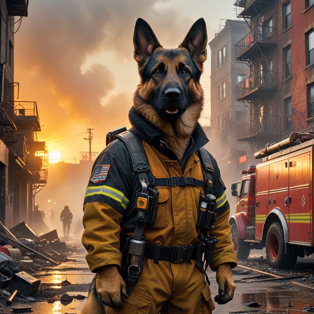 Fearless German Shepherd in Firefighter Gear