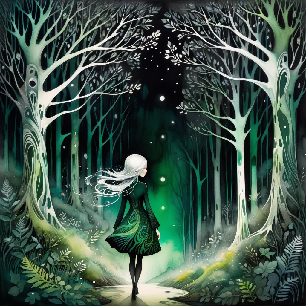 Girl in Dark Forest: Art Brut Watercolor Illustration