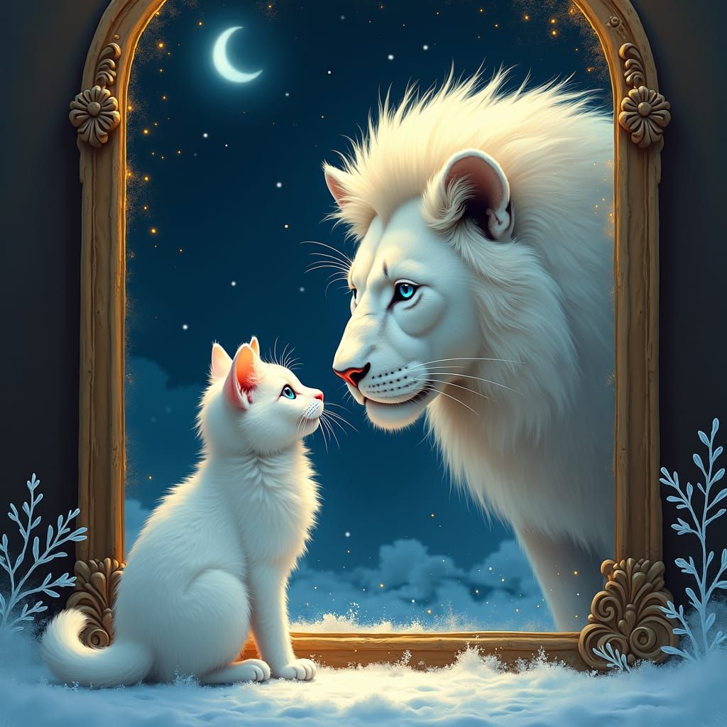 Cat and Lion Mirror Reflection in Dreamlike Scene