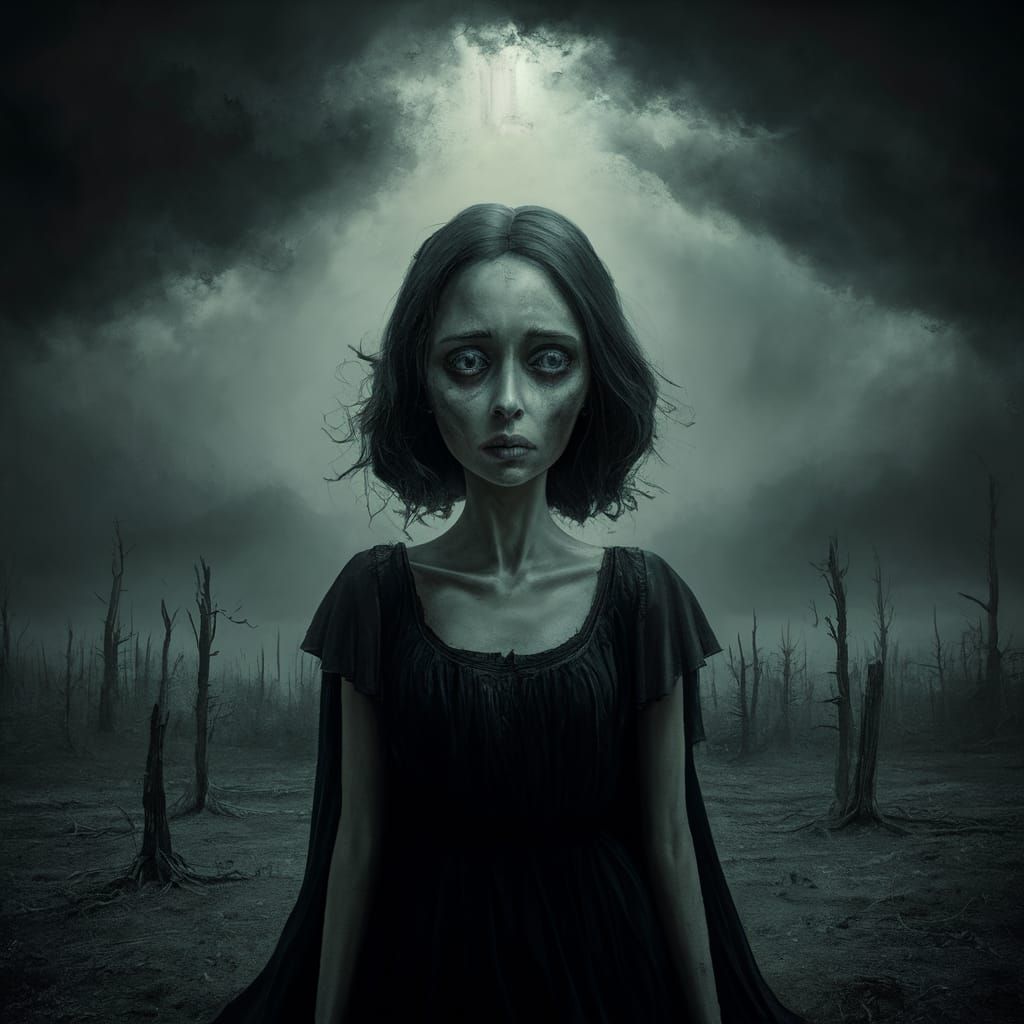 Gloomy Woman in Desolate Landscape Digital Painting