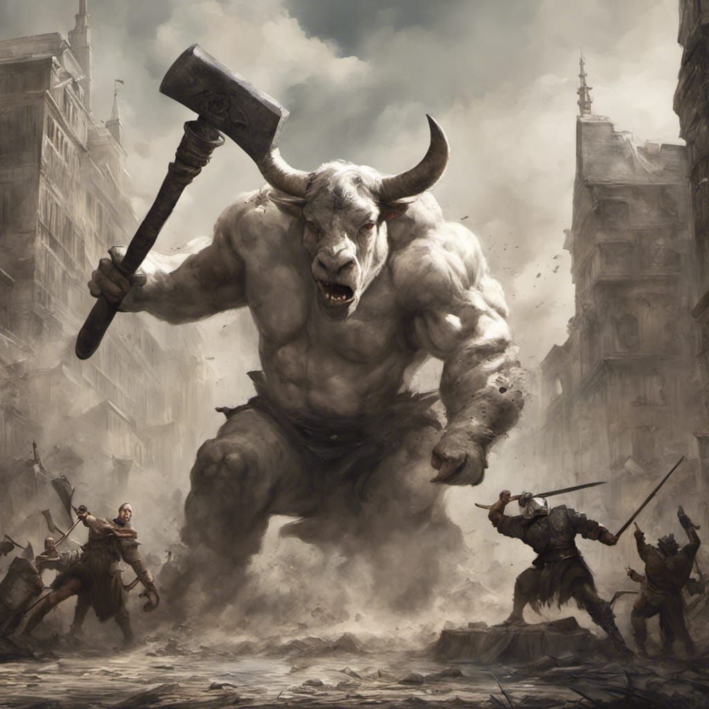 Minotaur Battle Scene in Detailed Matte Painting