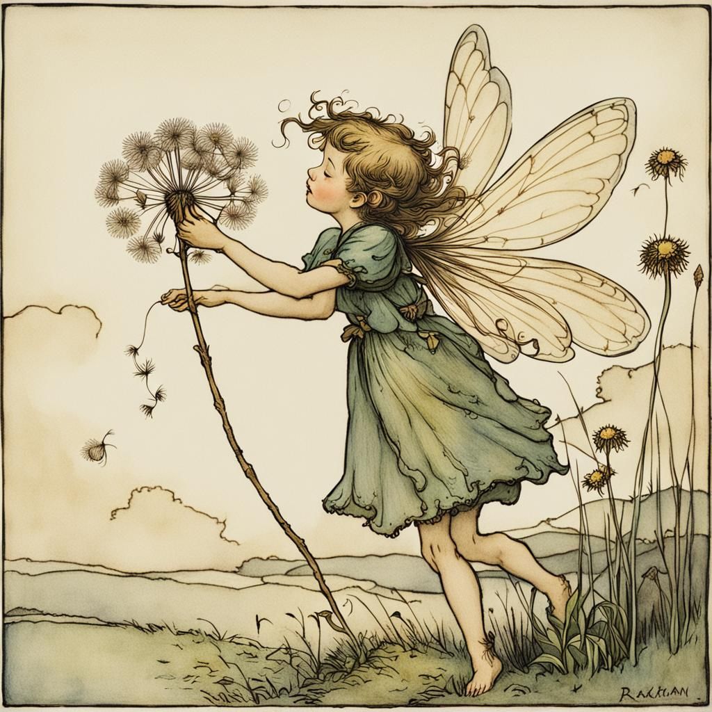 Fairy Rides a Dandelion: Whimsical Illustration