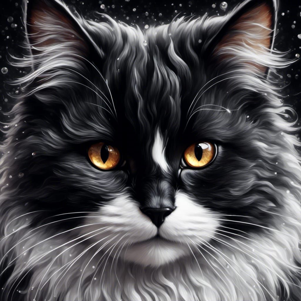 Magical Black and White Cat in Impasto Painting Style