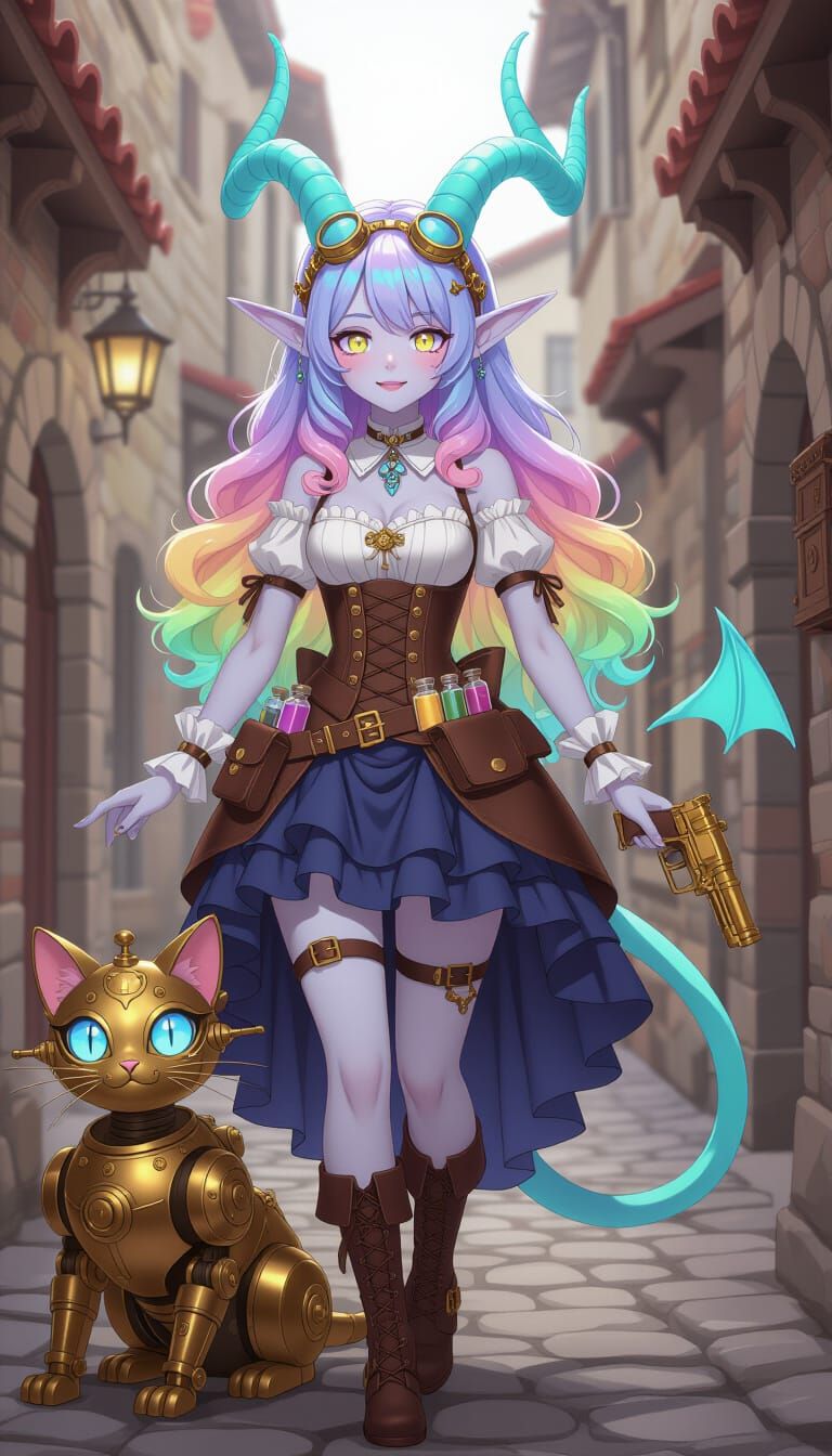 Steampunk Anime Woman in Medieval Alley