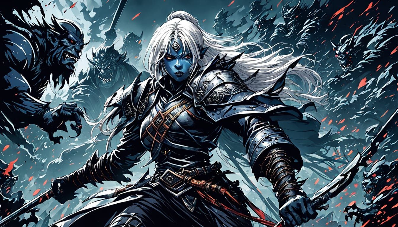 Sensual Drow Female Battles Ogre in Dark Fantasy Manga Style