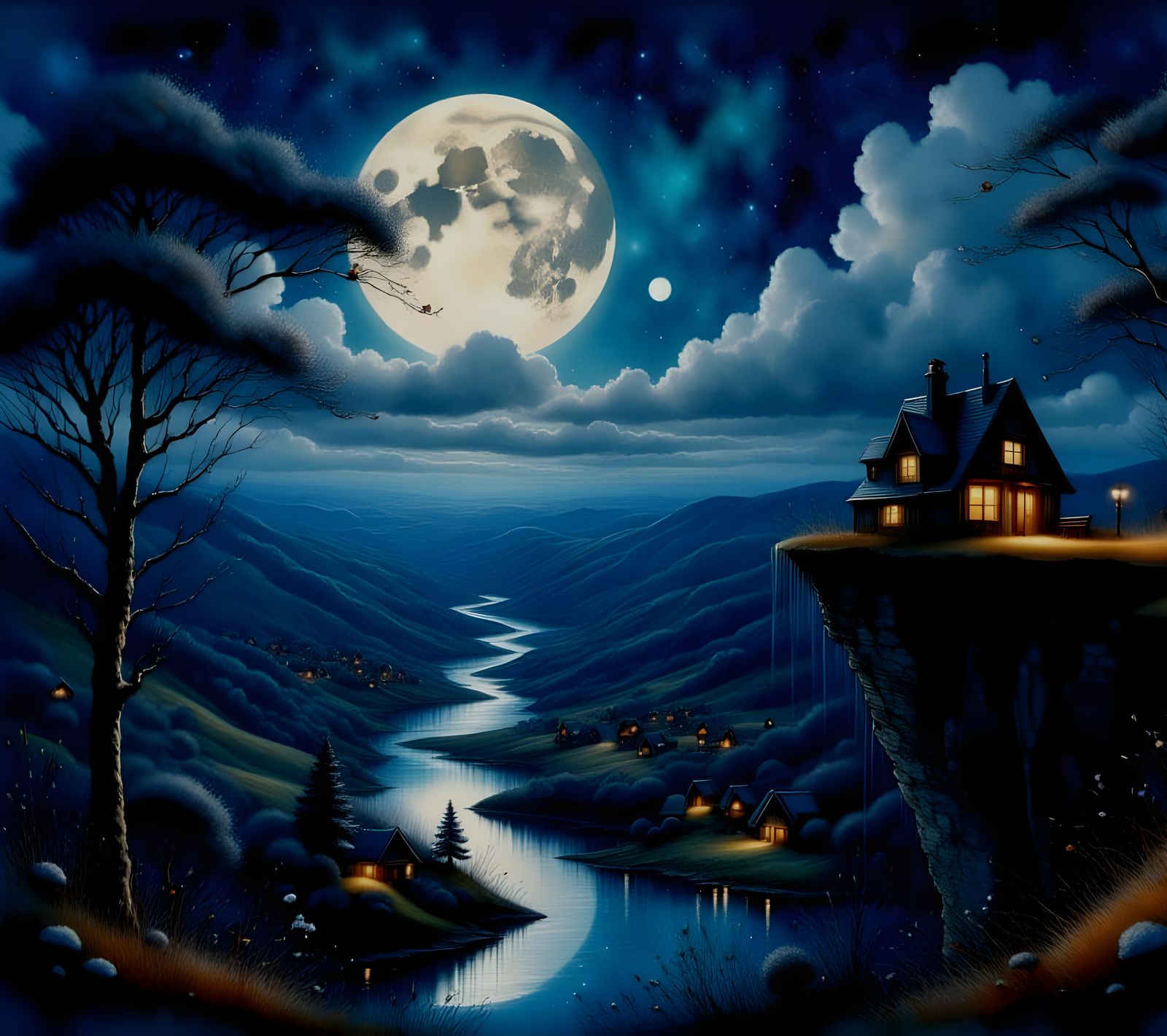 The house on the cliff looks over the village and river valley