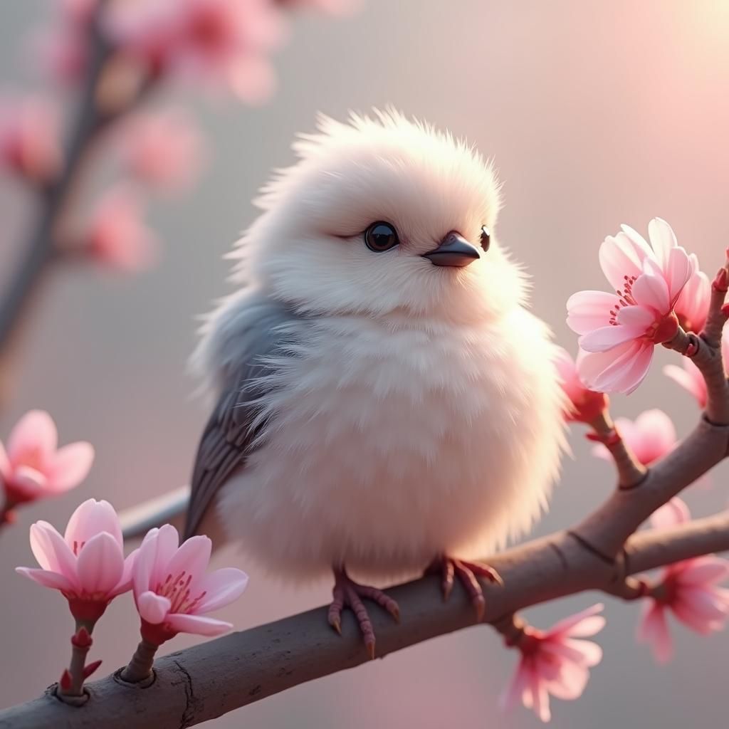 Fluffy Bird with Cherry Blossoms in Cinematic Style
