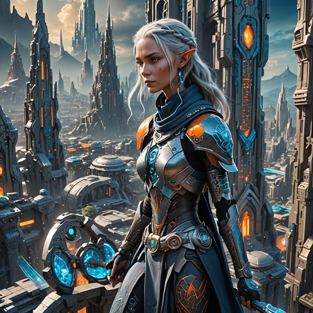 Art Deco Bionicle Elf Monk in Sci-Fi Cityscape