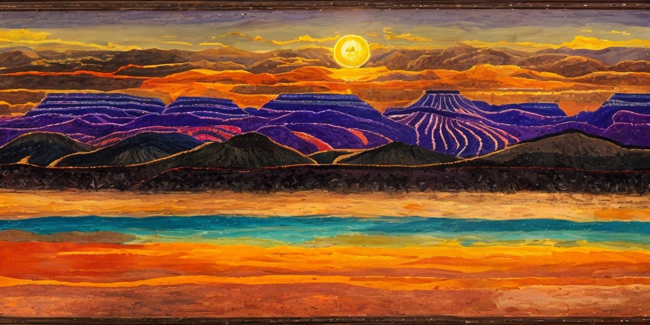 Utopian Desert Oasis Sunset in Kinetic Pointillism