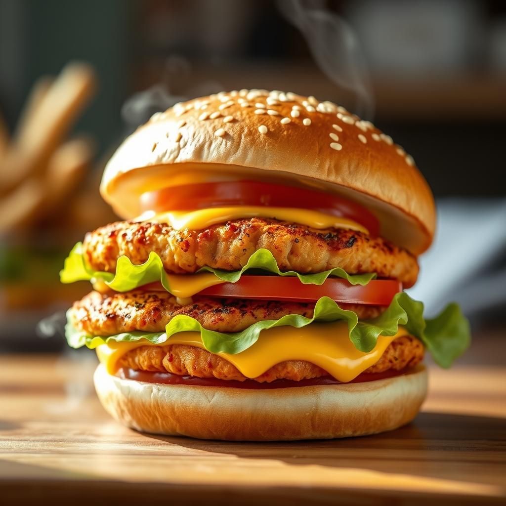 Delicious 3D Chicken Burger with Melting Cheese