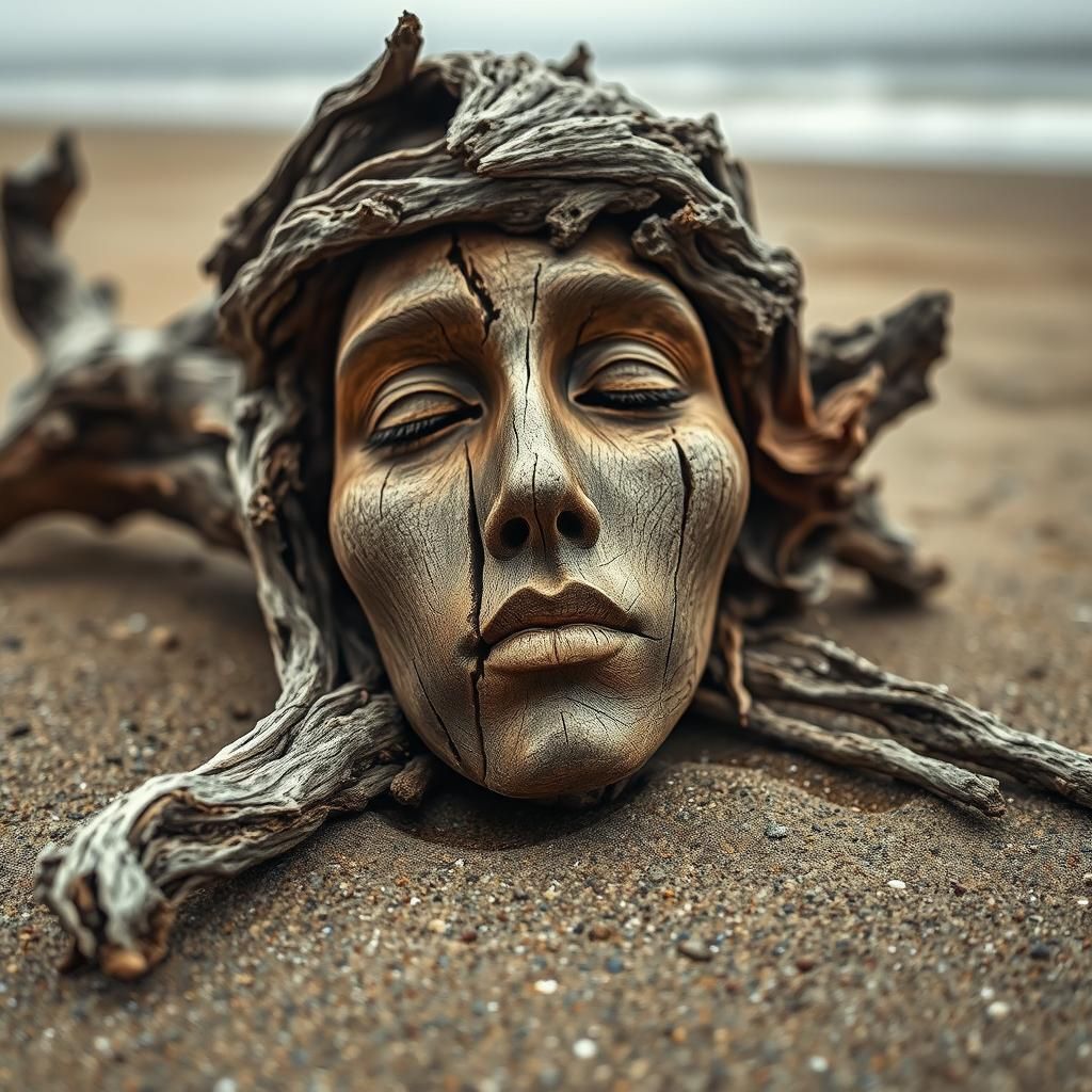 Weathered Driftwood Face on Beach: Fine Art Photography