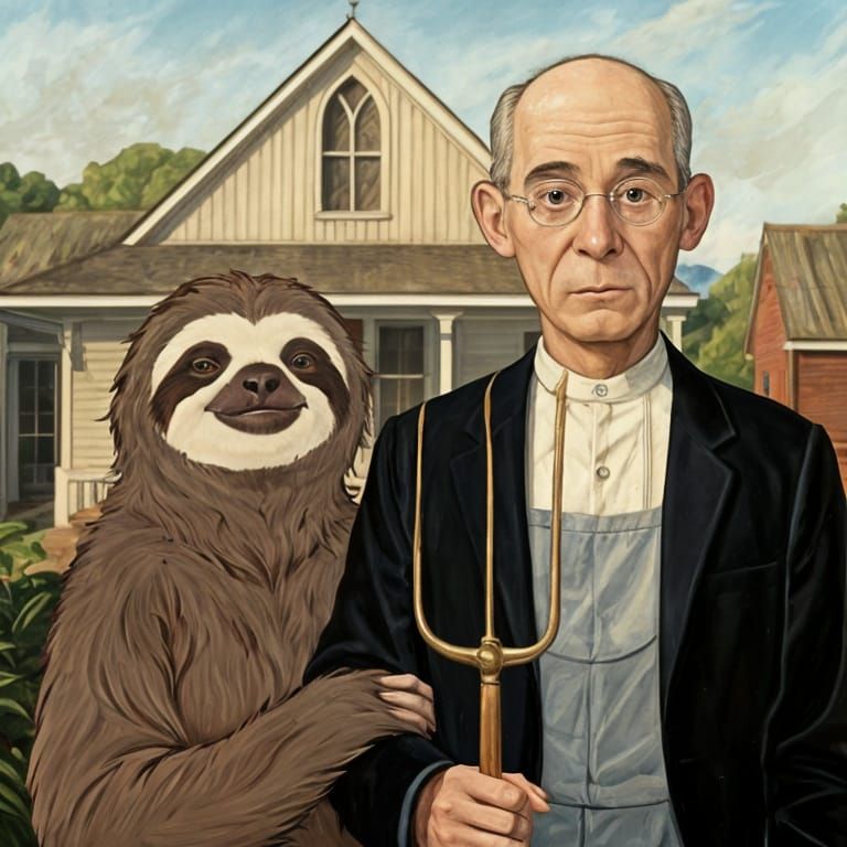 Sloth Couple in American Gothic Caricature